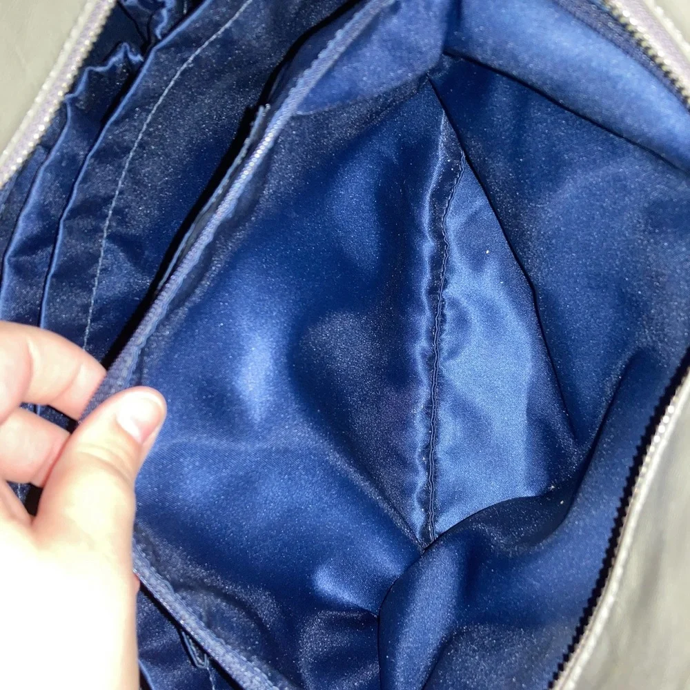 coach baby diaper bag tote pewter grey leather navy blue fabric lined interior
